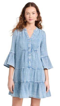Faherty Gauze Kasey Tiered Dress Womens Light Indigo Cotton Pullover KFC1050