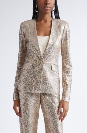 St. John Luxe Sequin Inset Shawl Jacket in Latte Light Grey Melange at Nordstrom, Size 10