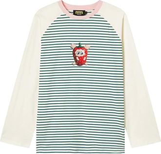 Mini Cream strawberry-print striped top - Neutrals