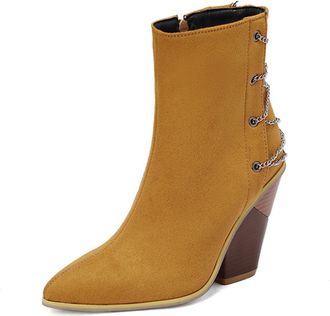 Generic Womens Faux Suede Short Boots with Metal Chain Pointed Toe Ankle Boots with Zipper High Heeled Retro Dress Shoes,Yellow,7.5 UK