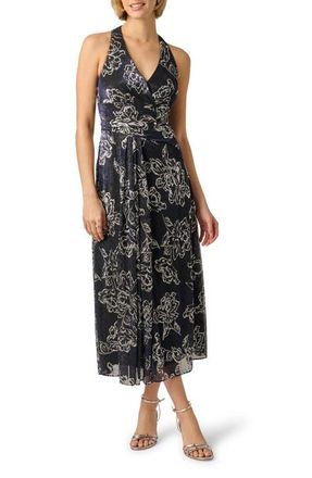 Adrianna Papell Print Metallic Crinkle Sleeveless Dress in Black/Gunmetal at Nordstrom, Size 10