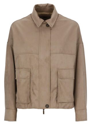 D.exterior Beige Flap Pockets Synthetic Leather Bomber Jacket