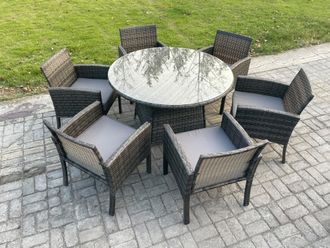 Fimous Wicker PE Outdoor Rattan Garden Furniture Arm Chair & Table Dining Sets 6 Seater Large Round Table Dark Grey Mixed