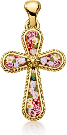 Ross-Simons Italian Multicolored Murano Glass Floral Mosaic Cross Pendant in 18kt Gold Over Sterling