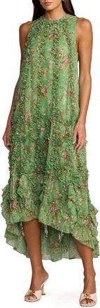 Mac Duggal Sleeveless Floral Print Chiffon Micro Ruffle Gown in Sage Multi at Nordstrom, Size 18