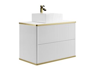 Vente-Unique Mueble de ba&ntilde;o suspendido estriado con ribete dorado y lavabo sobre encimera - blanco - 80 cm - KELIZA