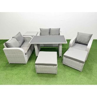 Fimous Rattan Sofa Outdoor Furniture with Dining Table,Side Table,Love Sofa,2 Big Stools Patio Furniture Light Grey 7 Seater - Fimous