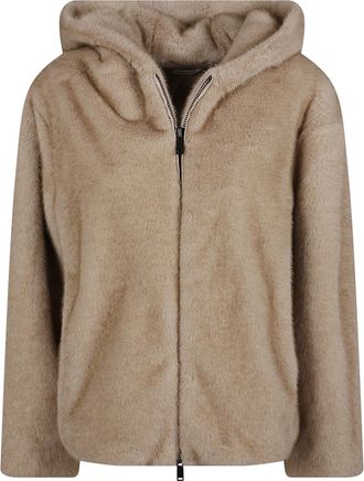 P.A.R.O.S.H. Plush Faux Fur Jacket with Front Zipper and Hood