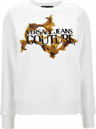 Versace Jeans Couture White Cotton Crewneck Sweatshirt With Gold Logo
