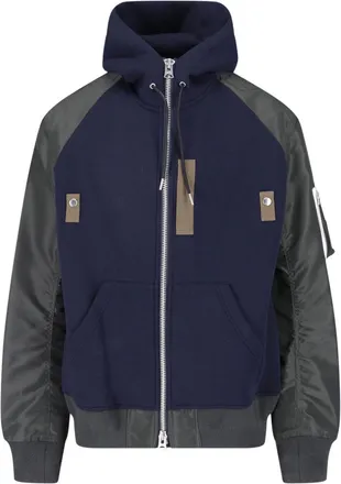 sacai Hooded Bomber Jacket in Technical Fabric with Zip Closure