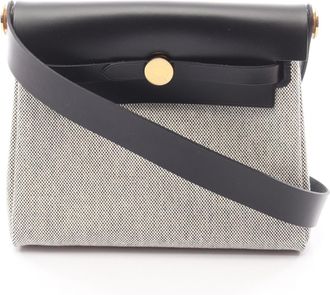 Herm&egrave;s Beige Black Canvas Leather Clutch Bag (Pre-Owned)