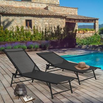 IDMarket Lote De 2 Sillas De Jard&iacute;n Reclinables Kailua De Acero Negro Y Tela Negra