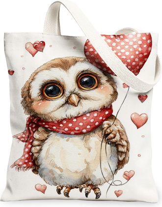 Generic Cute Owl Canvas Tote Bags, Fanciful Heart Pattern Reusable Grocery Bags, ValentineS Day Lightweight Washable Shoulder Stra, White, 13x15 Inch