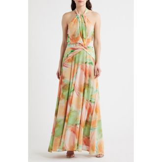 Black Halo Neriah Marble Print Halter Gown in Marble Melody at Nordstrom, Size 12