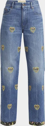 Valentino Garavani Embroidered Heart Denim Pants with Floral Boarder