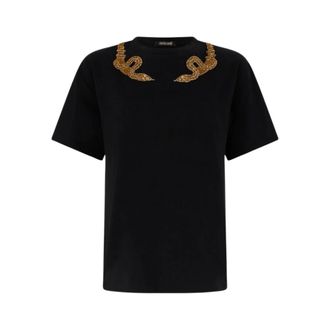 Roberto Cavalli T-Shirts, female, Black, Size: XS T-Shirt with Snake Embroidery