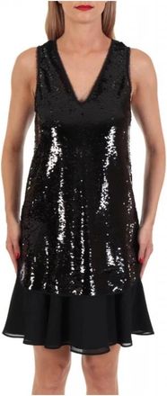 Emporio Armani Sequin Jurk V-Hals met Ruches - Dames - Feestkleedjes - Zwart - 2XL - Pailletten - Kleedjes