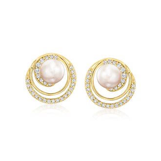 Ross-Simons 6mm Cultured Pearl Swirl Earrings With. Lab-Grown Diamonds in 18kt Gold Over Sterling