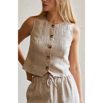 Crescent Contrast Stitch Linen Vest in Oatmeal/white at Nordstrom, Size Medium
