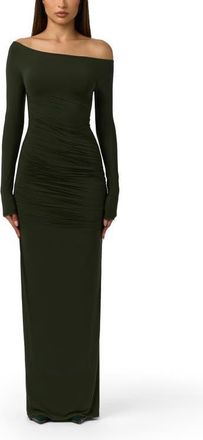 Naked Wardrobe Ruched Off the Shoulder Long Sleeve Maxi Dress in Noir Green at Nordstrom, Size X-Small