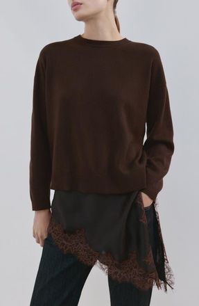 Mango Mixed Media Asymmetric Hem Lace Trim Sweater in Chocolate at Nordstrom, Size X-Small