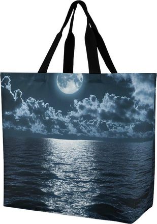 Generic Moon Sea Ocean Landscape Reusable Shopping Bags One Shoulder Grocery Tote Bag Waterproof Big Purse for Work Travel