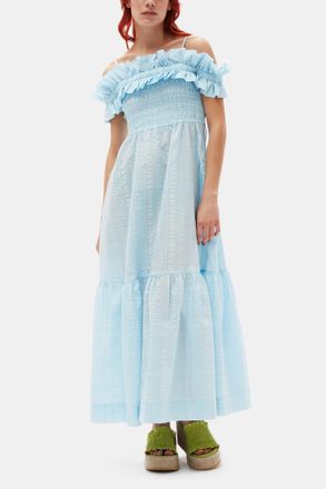 Ganni Blue Seersucker Check Smock Maxi Dress