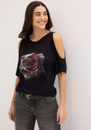 Bonprix T-Shirt BONPRIX Cold-Shoulder-Shirt aus Viskose, Damen, Gr. 56/58 (XXXL), schwarz (schwarz, grau floral), Obermaterial: 100% Viskose, l&auml;ssig geschnitt