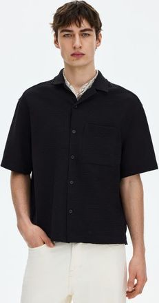 H&M Relaxed Fit Waffled Resort Shirt in Black at Nordstrom, Size X-Large