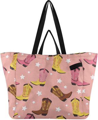 Generic Star White Western Cowboy pattern Reusable Canvas Tote Bag, Heavy Duty Grocery Shopping Bag with Hard Bottom Large Capacity Double Handles Work Grocer