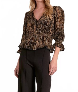 Elan Autumn Blouse Smocked Ruffle Long Sleeve Top In Gold Wisteria