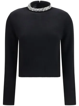 Pinko Black Cropped Wool Sweater with Embellished Neckline