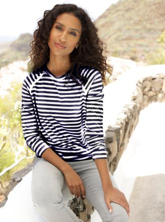 Heine Langarmshirt HEINE Langarm-Shirt, Damen, Gr. 34, beige (sand, ecru, gestreift), 63% Polyester, 33% Viskose, 4% Elasthan, gemustert, gestreift, mehrfar