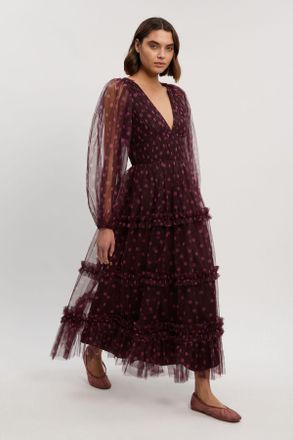 Karen Millen Womens Polka Dot Tulle Plunge Balloon Sleeve Maxi Dress - Pink - Size 10 UK