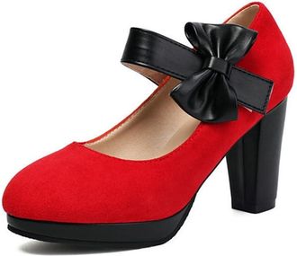 Generic Womens Round Toe Mary Jane Bowknot Decor Block High Heel Pumps Platform Wedding Party Casual Dress Shoes (5.5,Red)