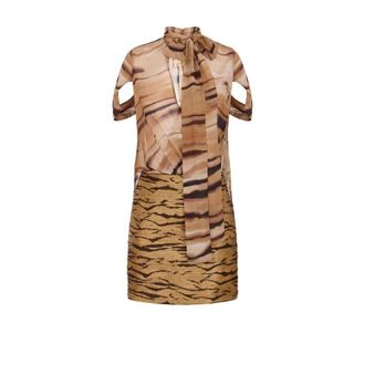 Elisabetta Franchi Bimaterial Mini-jurk met Tijgerprint - Dames - Feestkleedjes - Bruin - L - Polyester - Kleedjes