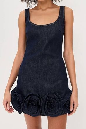 Self Portrait Denim 3D Flower Mini Dress In Indigo