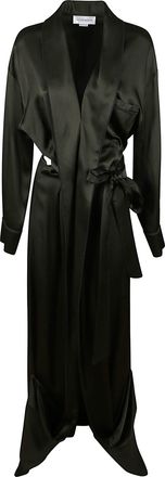 Victoria Beckham Satin-Wrap Gown With Cuffed Sleeves And V-Neckline