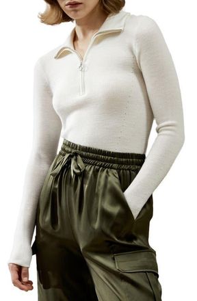 LilySilk Womens Gaia Ribbed Half Zip Ultra-fine Wool Sweater in White at Nordstrom, Size Medium