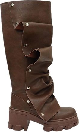 Generic Metal Accesory Pleated Long Boots Round Toe Hoof Heels Knee-High Rivet Water-Proof Platform Side Zipper Solid Female Shoe(Brown,10.5US)