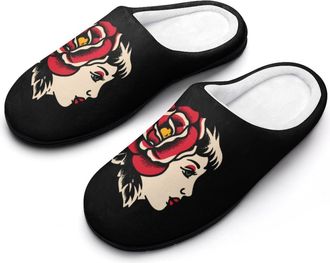 Generic Classic Traditional Tattoo Mens Cozy Cotton Slippers with Memory Foam Lightweight Anti-skid House Shoes for Indoor Outdoor