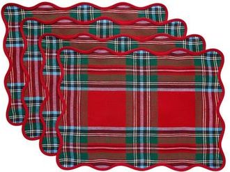 Solino Home Linen Placemats Set of 4, 14 x 19 Inch for Dining Table, Holiday and Everyday Table Decor - Giselle Scallop Edge in Madras Holiday Plaid