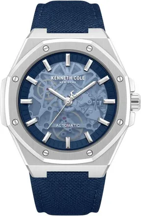 Kenneth Cole Benson Skeleton Automatic Nylon Strap Watch, 42mm in Blue at Nordstrom