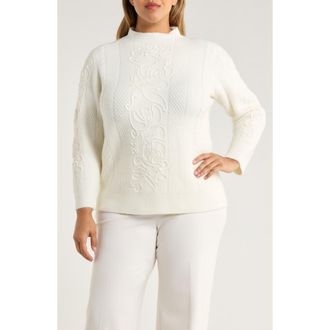 Anne Klein Embroidered Funnel Neck Sweater in White Dove at Nordstrom, Size 2X