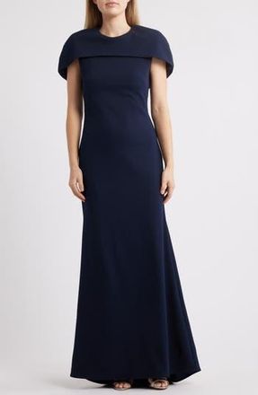 Betsy & Adam Cape Short Sleeve Scuba Crepe Gown in Navy at Nordstrom Rack, Size 4