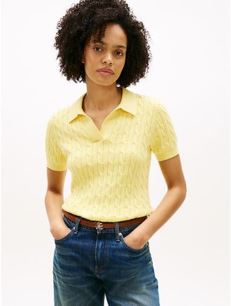Tommy Hilfiger Womens Short-Sleeve Cable Knit Sweater Polo - Yellow - XXL