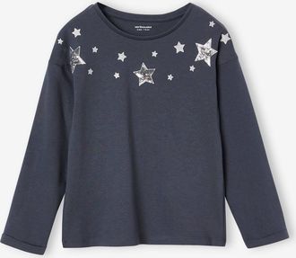 Vertbaudet Mädchen Weihnachts-Shirt mit Sternen, Recycling-Baumwolle anthrazit