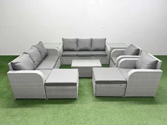 Fimous PE Rattan High Back Lounge Sofa Set Patio Coffee Table & Chairs Set with 3 Seater Sofa Reclining Chair 2 Big Footstool 2 Side Table Light Grey