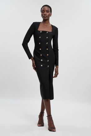 Karen Millen Womens Figure Form Woven Mix Military Button Blazer Knit Midi Dress - Black - Size X-Small