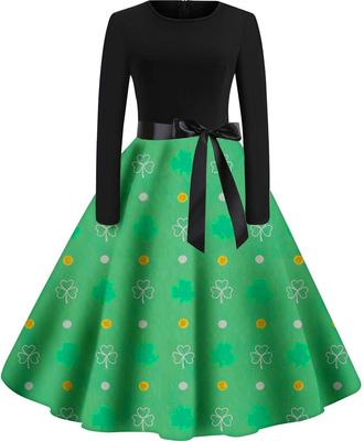 Generic St Patricks Day Irish Fancy Dress Sleeveless A-Line Dress Retro Vintage Green Swing Dress Shamrocks Clover Pattern Costume Irish Dancing Dress for Fes